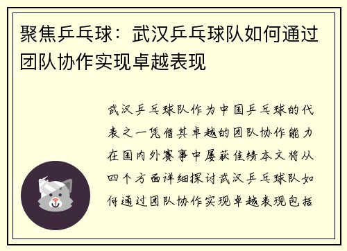 聚焦乒乓球：武汉乒乓球队如何通过团队协作实现卓越表现